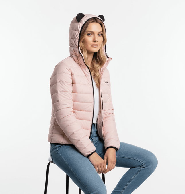 Model wearing a Hooded Quilted Down Jacket with a playful design, perfect for warmth and street style.
