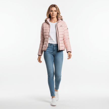 Hooded Quilted Down Jacket modeled by a woman in casual winter attire, showcasing style and warmth.