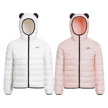 Hooded Quilted Down Jacket in white and pink with panda ears, featuring a full zipper and quilted design for winter style.