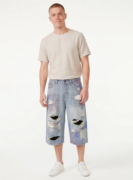 Model wearing Light Blue denim capri pants wide by Grozavu