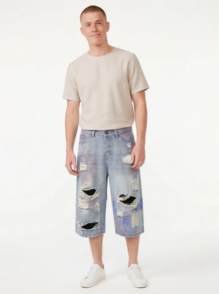 Model wearing Light Blue denim capri pants wide by Grozavu