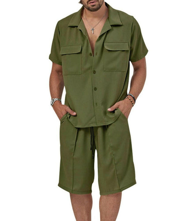 New men's new lapel casual shirt shorts two-piece set