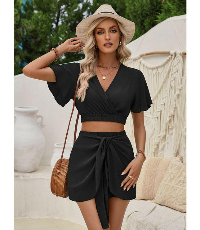 Women's casual short-sleeved shorts suit women's lace-up two-piece set