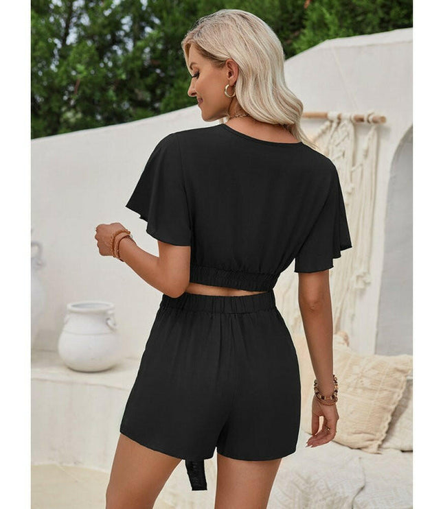 Women's casual short-sleeved shorts suit women's lace-up two-piece set