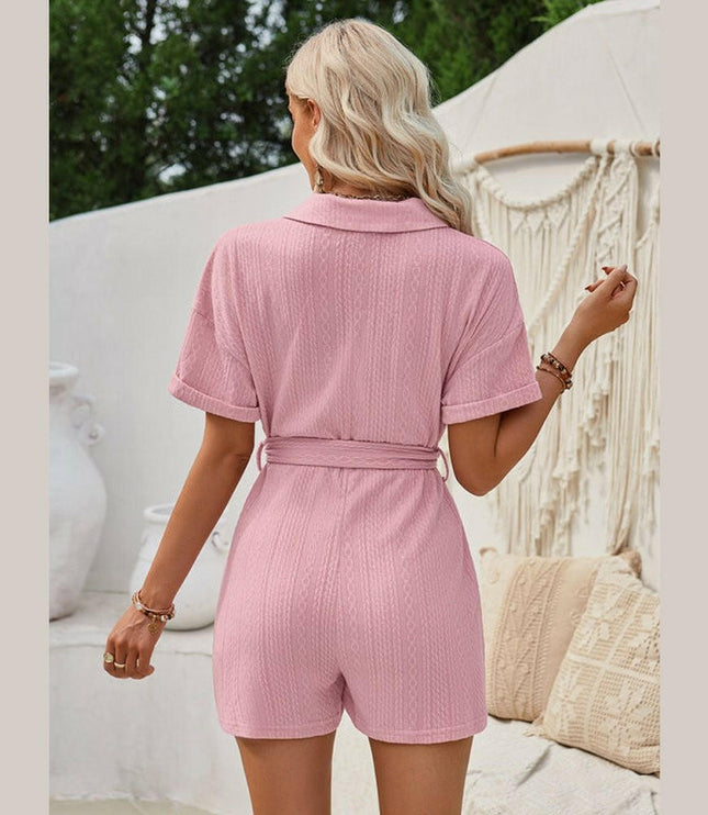 Women's short-sleeved lace-up lapel jacquard knitted solid color short jumpsuit