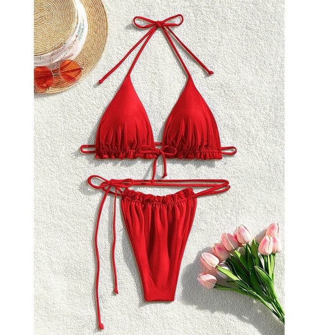 New bikini sexy solid color drawstring split swimsuit at €19.99