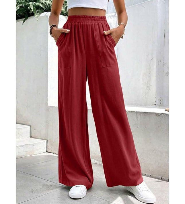 New women's mid-waist straight pants, loose sports solid color pocket casual trousers