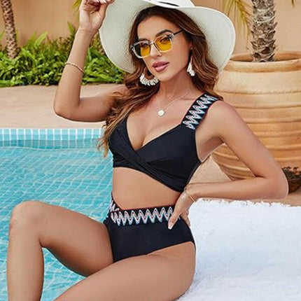 High waist cross colored elastic band deep V sexy solid color bikini swimsuit at €21.99