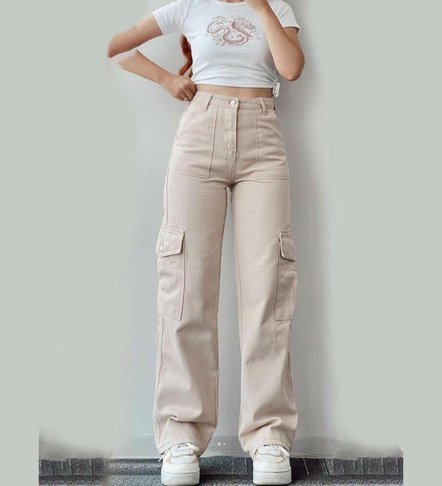 Versatile casual pants, mid-rise three-dimensional pocket trousers, waist-cinching overalls
