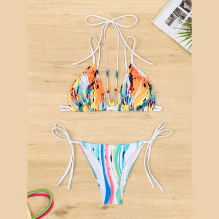 New Bikini Drawstring Beaded Lace Printed Split Triangle Swimsuit at €24.99