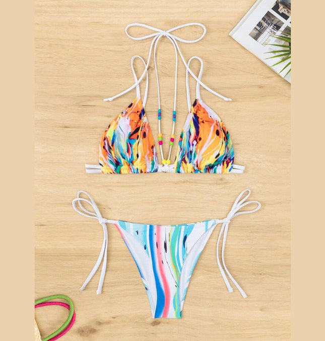 New Bikini Drawstring Beaded Lace Printed Split Triangle Swimsuit at €24.99