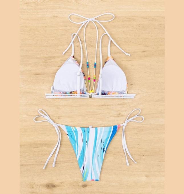 New Bikini Drawstring Beaded Lace Printed Split Triangle Swimsuit at €24.99