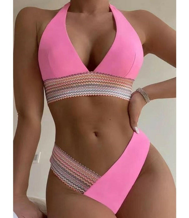 High Waist Swimsuit Color Block Web Sexy Push Up Bikini