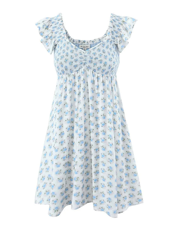 New style flying sleeve elastic pleated V-neck blue floral dress