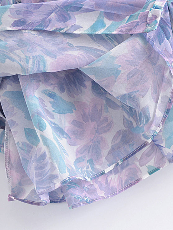 Women's Fashion Floral Print Puff Sleeve High Waist Fungus Side Cut Dress
