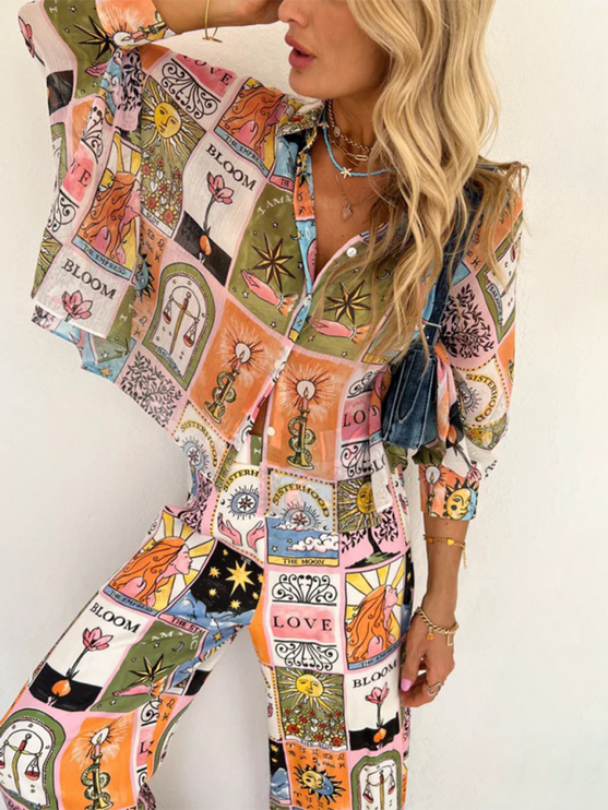 New bat sleeve printed loose suit casual home trousers two-piece set