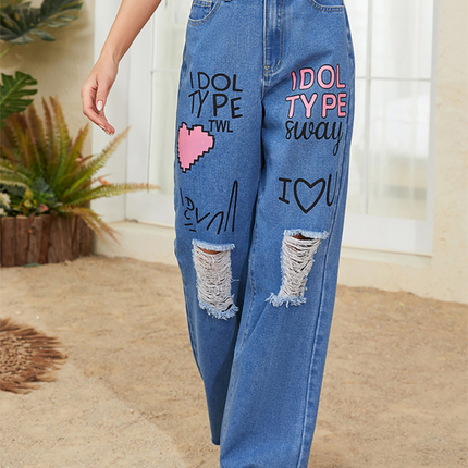 Pink love letter graffiti print street retro loose ripped raw edge denim trousers at €65.04