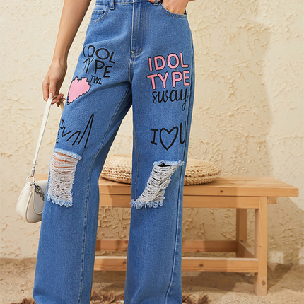 Pink love letter graffiti print street retro loose ripped raw edge denim trousers at €65.04