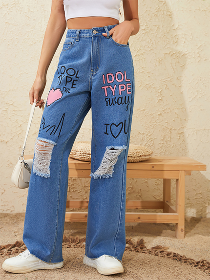 Pink love letter graffiti print street retro loose ripped raw edge denim trousers at €65.04