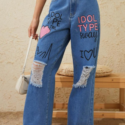 Pink love letter graffiti print street retro loose ripped raw edge denim trousers at €65.04