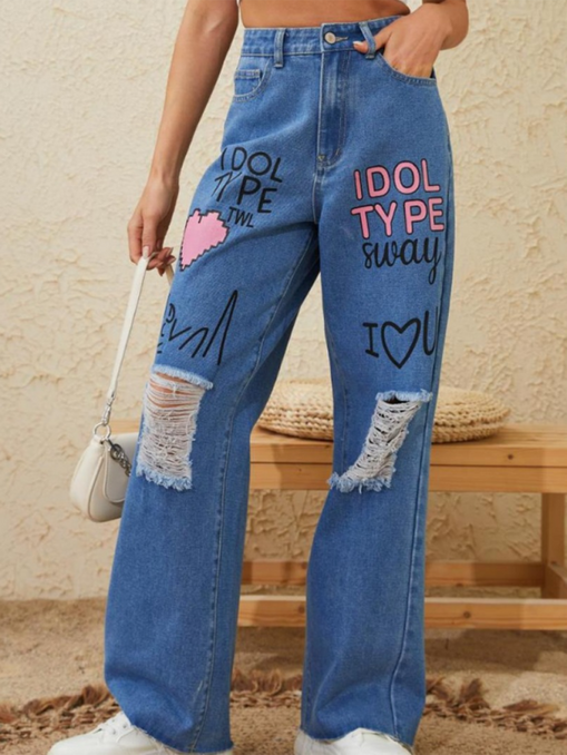 Pink love letter graffiti print street retro loose ripped raw edge denim trousers at €65.04