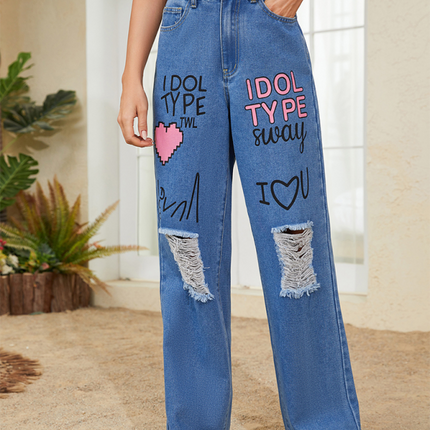 Pink love letter graffiti print street retro loose ripped raw edge denim trousers at €65.04