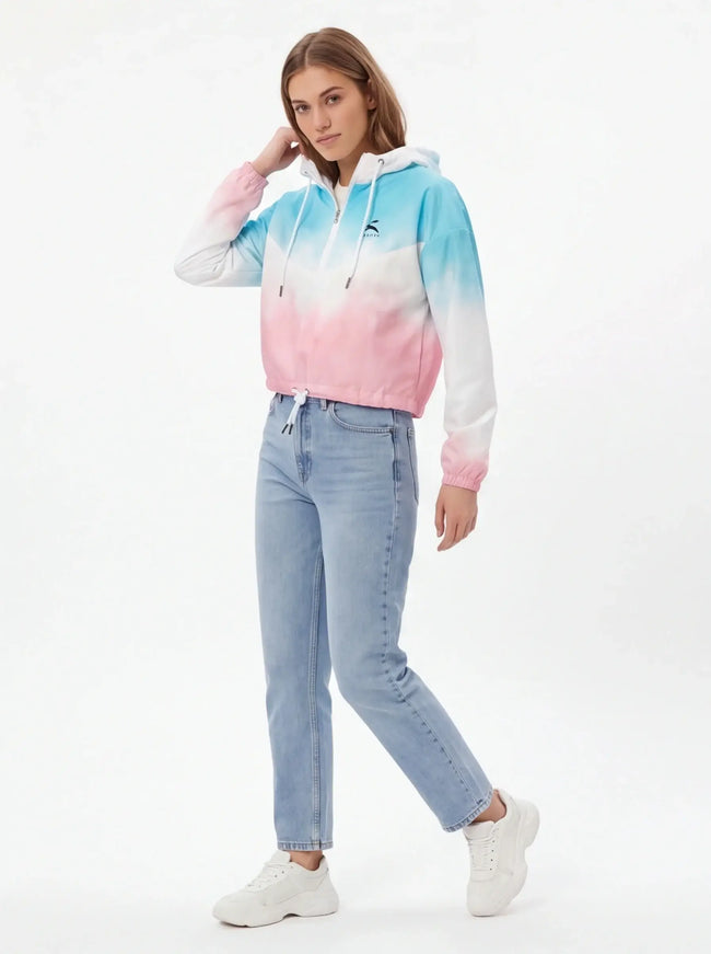 Model wearing cropped windbreaker by Grozavu