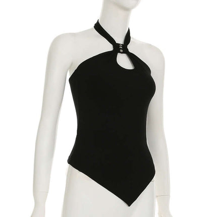 Irregular Strapless Slim Fit Tank Top, black, showcasing a modern design with a unique cut and halter neck.
