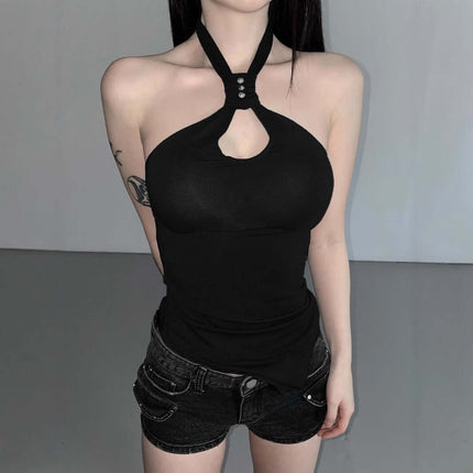 Irregular Strapless Slim Fit Tank Top on model with halter neck design and black shorts, showcasing modern street style.