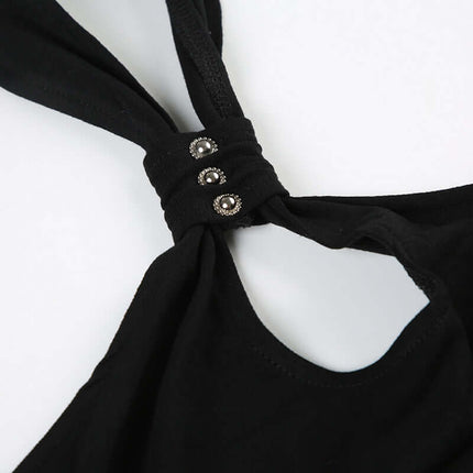 Close-up of the Grozavu Irregular Strapless Slim Fit Tank Top featuring a unique knot detail and decorative buttons.
