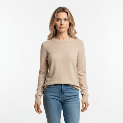 Round Neck Casual Knit Sweater in a light beige color, perfect for casual outings and versatile layering.