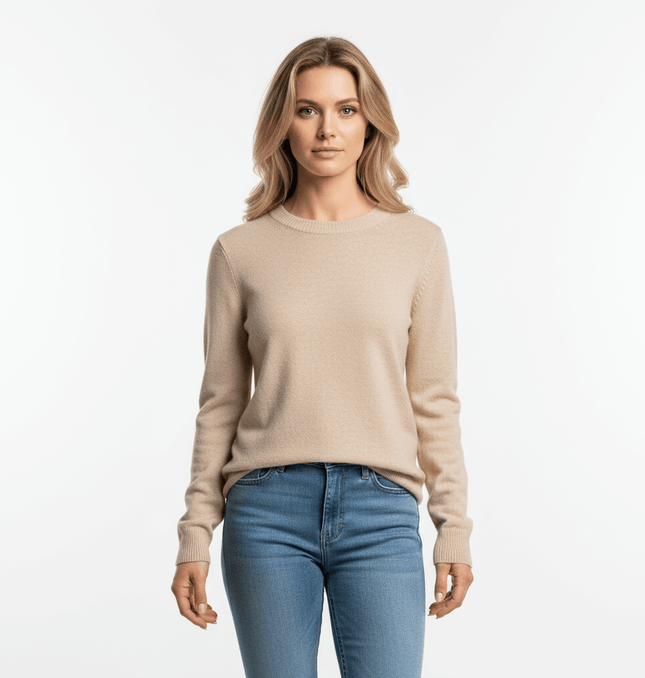Round Neck Casual Knit Sweater in a light beige color, perfect for casual outings and versatile layering.