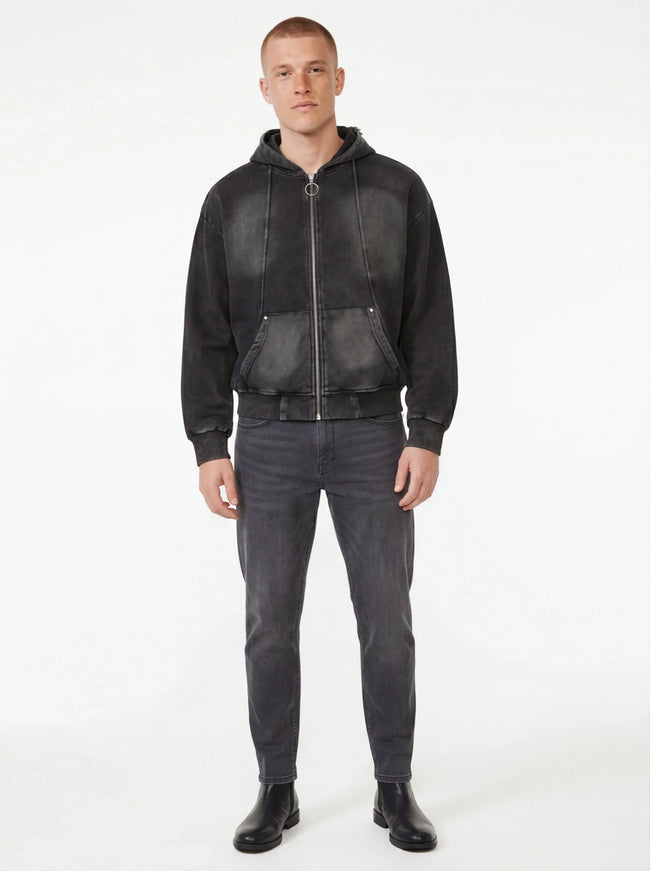 Chaqueta con cremallera desgastada negra lavada ajuste esencial