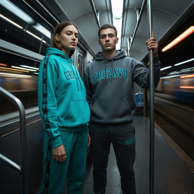 Male model executing a professional kinesiotherapy stretch in Grozavu apparel.