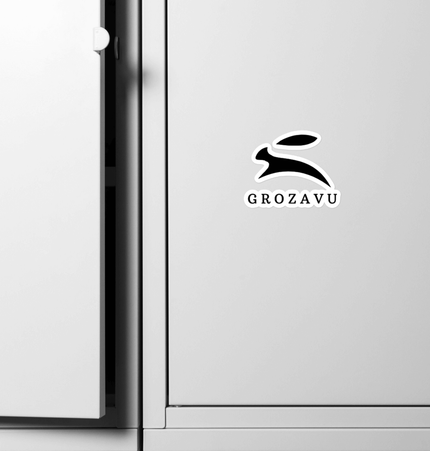 Kiss-cut vinyl decals featuring a bunny design on a grey locker door with the text 'GROZAVU'.