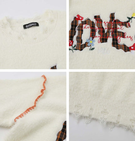 Knit Sweater with Letter Applique showcasing hand-stitched details and textured knit fabric perfect for autumn layering.
