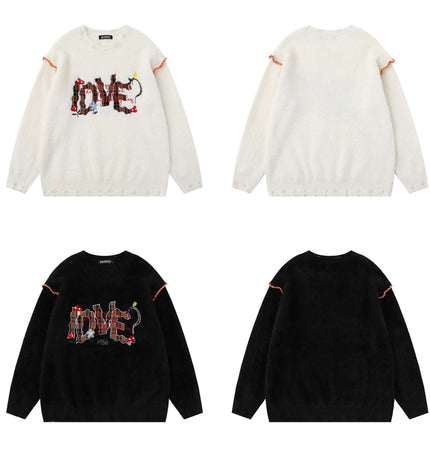 Knit Sweater with Letter Applique featuring front and back views in white and black, handcrafted design.