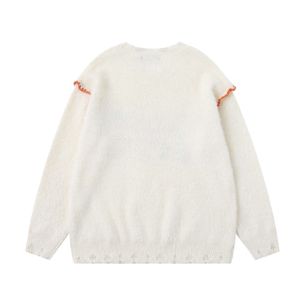 Knit Sweater with Letter Applique, back view showing soft white fabric and orange ruffle detailing.