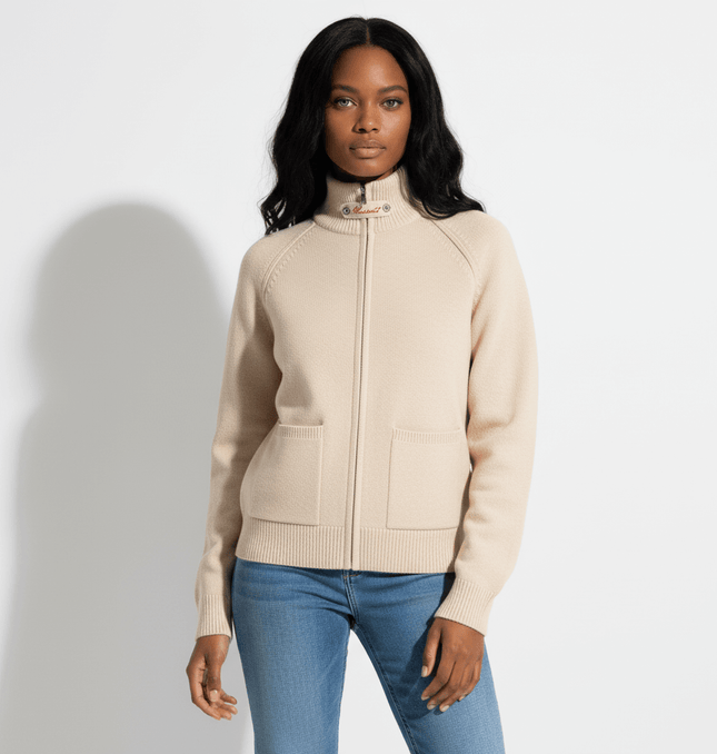 Knit Zipper Sweater Jacket – High Neck in beige, featuring a jacquard knit pattern and open-front zipper.