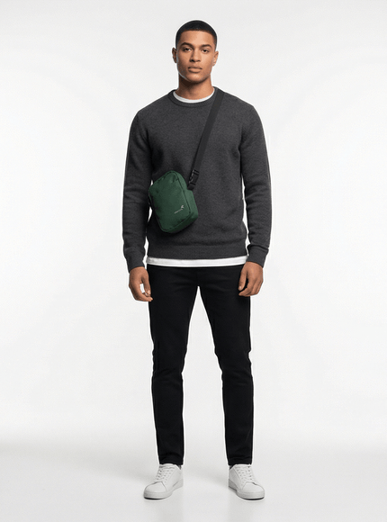 Model wearing utility crossbody bag by Grozavu