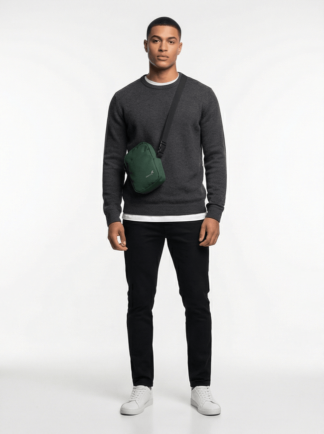 Model wearing utility crossbody bag by Grozavu