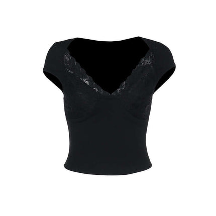 Lace Patchwork Strapless Vest – Slim Fit in black with elegant lace design and flattering neckline for women's fashion.