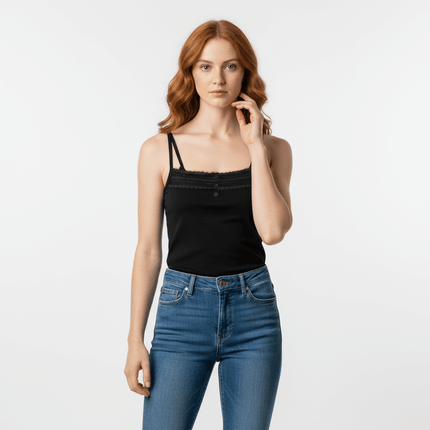 Lace Strap Button Tank Top - Slim Fit on a model, featuring lace straps and front button detail.