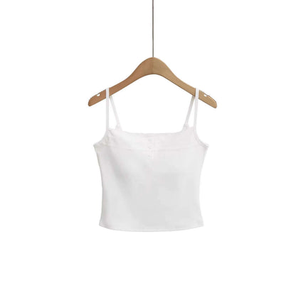 Lace Strap Button Tank Top - Slim Fit displayed on a wooden hanger, showcasing its delicate lace straps and front button detail.