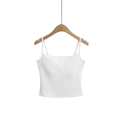 Lace Strap Button Tank Top - Slim Fit displayed on a wooden hanger, showcasing its delicate lace straps and front button detail.