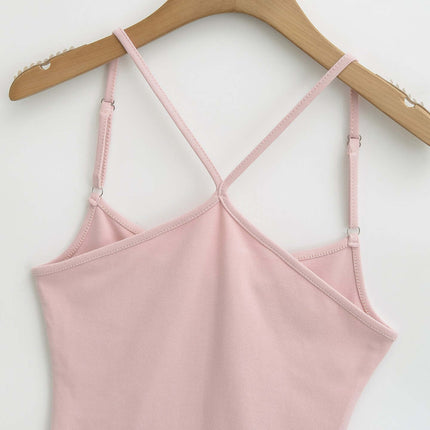 Camisole Style Layered Tank Top in soft pink hanging on a wooden hanger, showcasing its adjustable straps and slim-fit design.