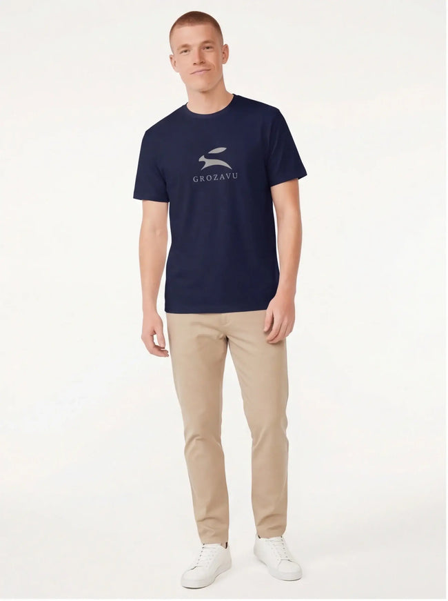 Model wearing Navy short sleeve t-shirt by Grozavu
