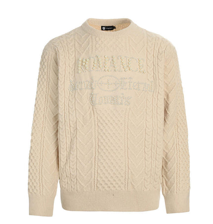 Letter Beaded Knit Sweater – Loose Fit in cream color with textured knit and beaded embellishments.