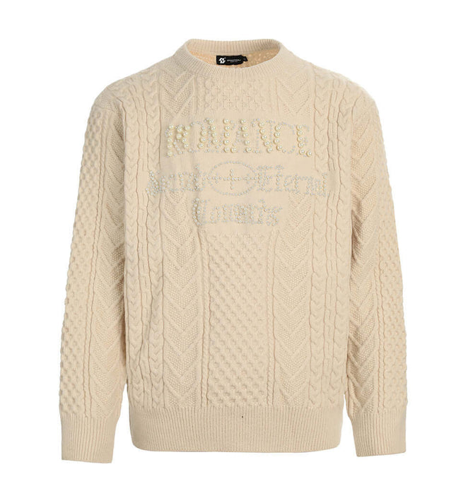 Letter Beaded Knit Sweater – Loose Fit in cream color with textured knit and beaded embellishments.