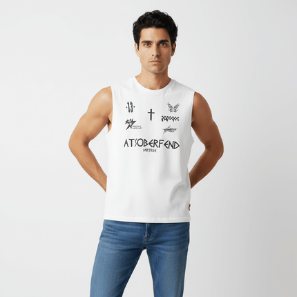 Letter Cross Print Tank Top - Loose Fit worn by model, showcasing its trendy design and loose fit for summer wear.